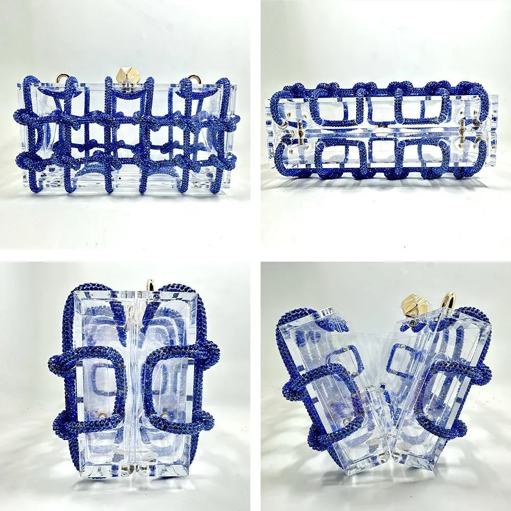 Clear Acrylic Clutch, Glitter Rhinestone Purse Handbag with Bling Rope for Banquet Party (Blue)