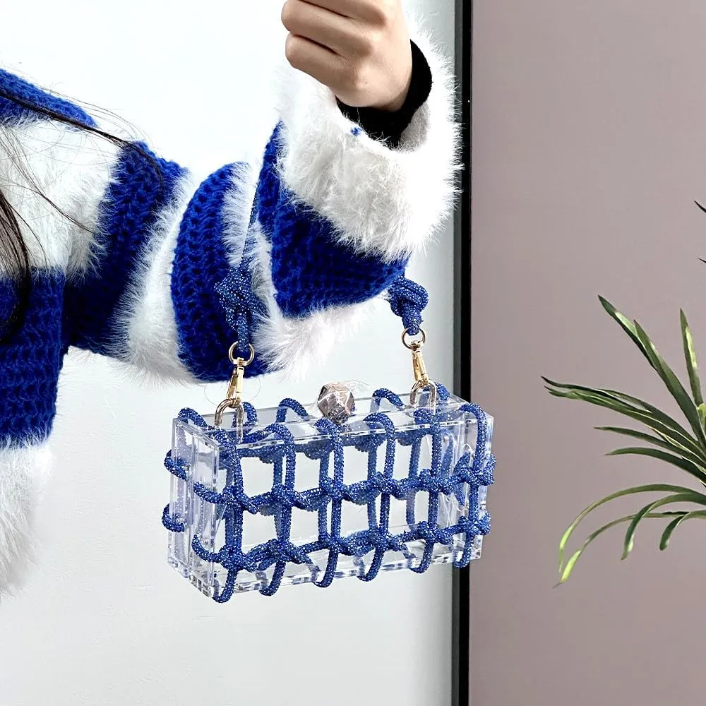 Clear Acrylic Clutch, Glitter Rhinestone Purse Handbag with Bling Rope for Banquet Party (Blue)
