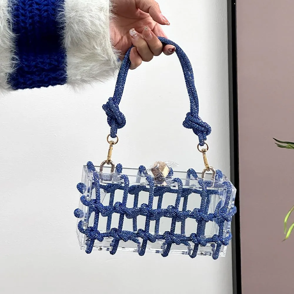 Clear Acrylic Clutch, Glitter Rhinestone Purse Handbag with Bling Rope for Banquet Party (Blue)