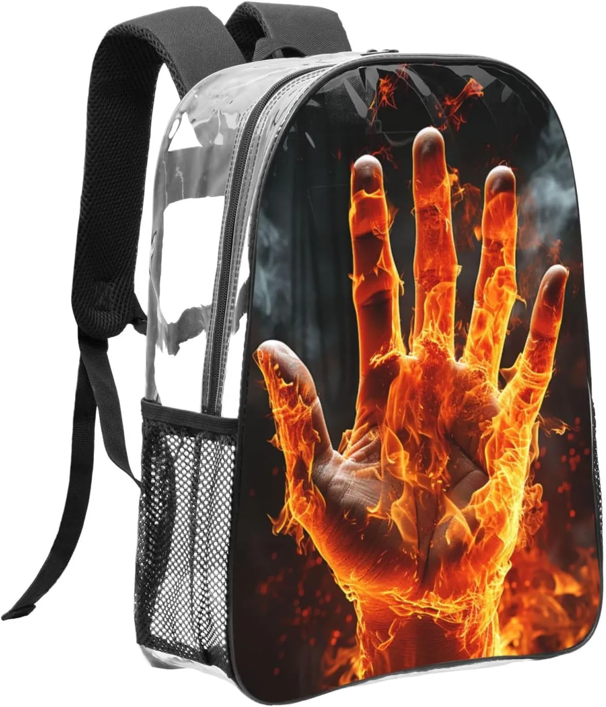 Clear Backpack Heavy Duty PVC Transparent Bookbag Fire Flame Hand Backpack Daypack Laptop Backpack