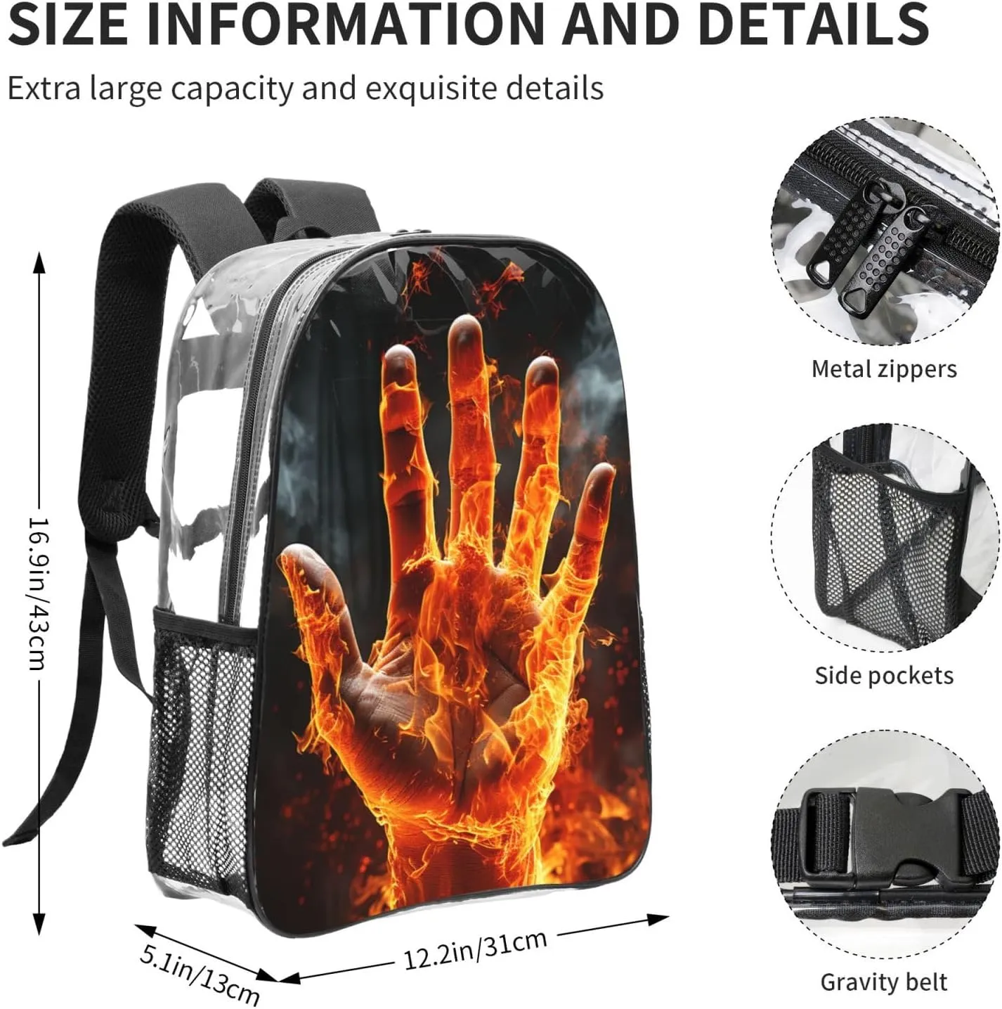 Clear Backpack Heavy Duty PVC Transparent Bookbag Fire Flame Hand Backpack Daypack Laptop Backpack