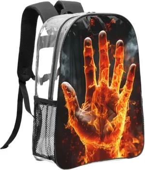 Clear Backpack Heavy Duty PVC Transparent Bookbag Fire Flame Hand Backpack Daypack Laptop Backpack