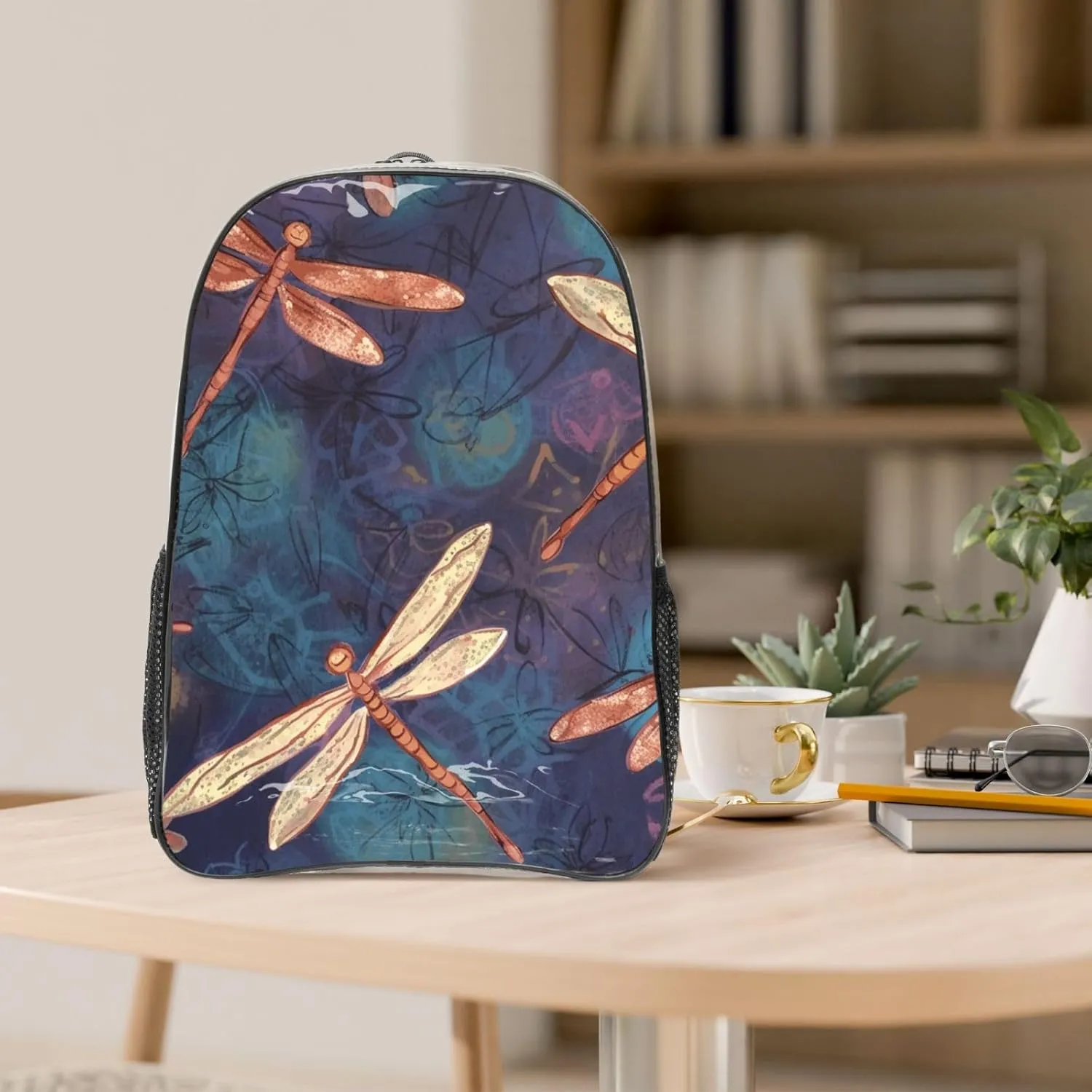 Clear Backpack Heavy Duty PVC Transparent Bookbag Hand painted dragonfly Backpack Daypack Laptop Backpack