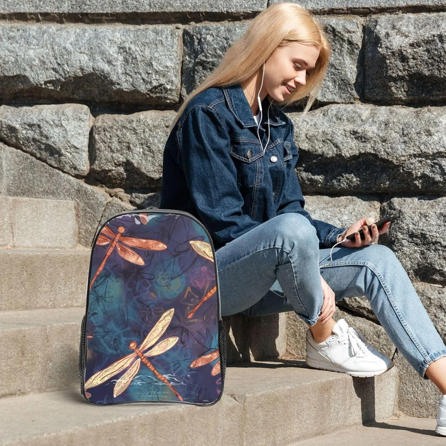 Clear Backpack Heavy Duty PVC Transparent Bookbag Hand painted dragonfly Backpack Daypack Laptop Backpack