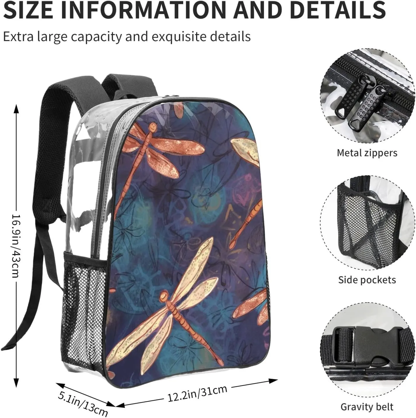 Clear Backpack Heavy Duty PVC Transparent Bookbag Hand painted dragonfly Backpack Daypack Laptop Backpack