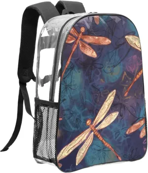 Clear Backpack Heavy Duty PVC Transparent Bookbag Hand painted dragonfly Backpack Daypack Laptop Backpack