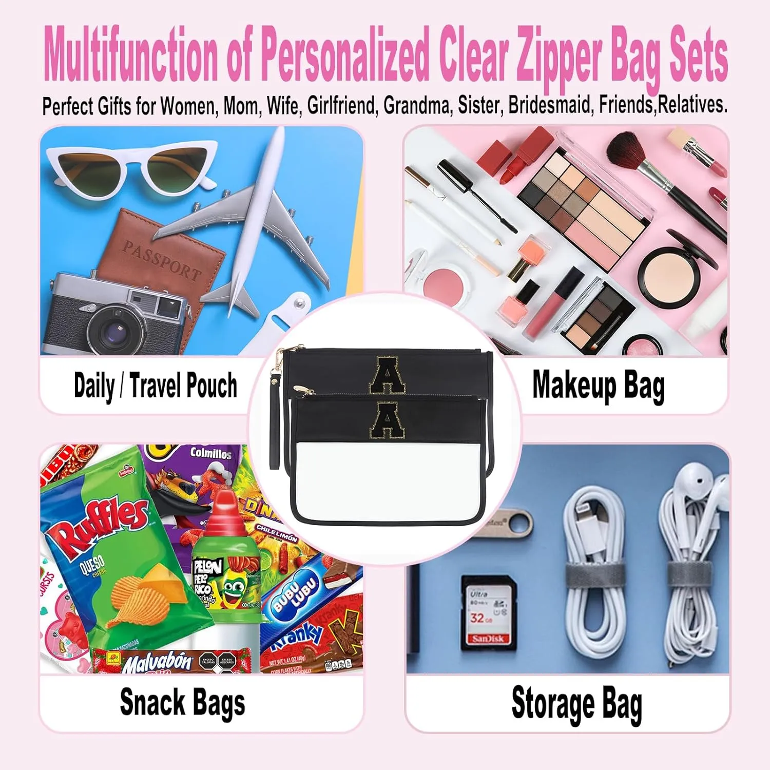 Clear Makeup Bag Set 2pcs Glitter Chenille Monogram Snacks Bag Travel Essentials Flat Zipper Pouch Cosmetic Brush Bag for Women (Black Set- A)