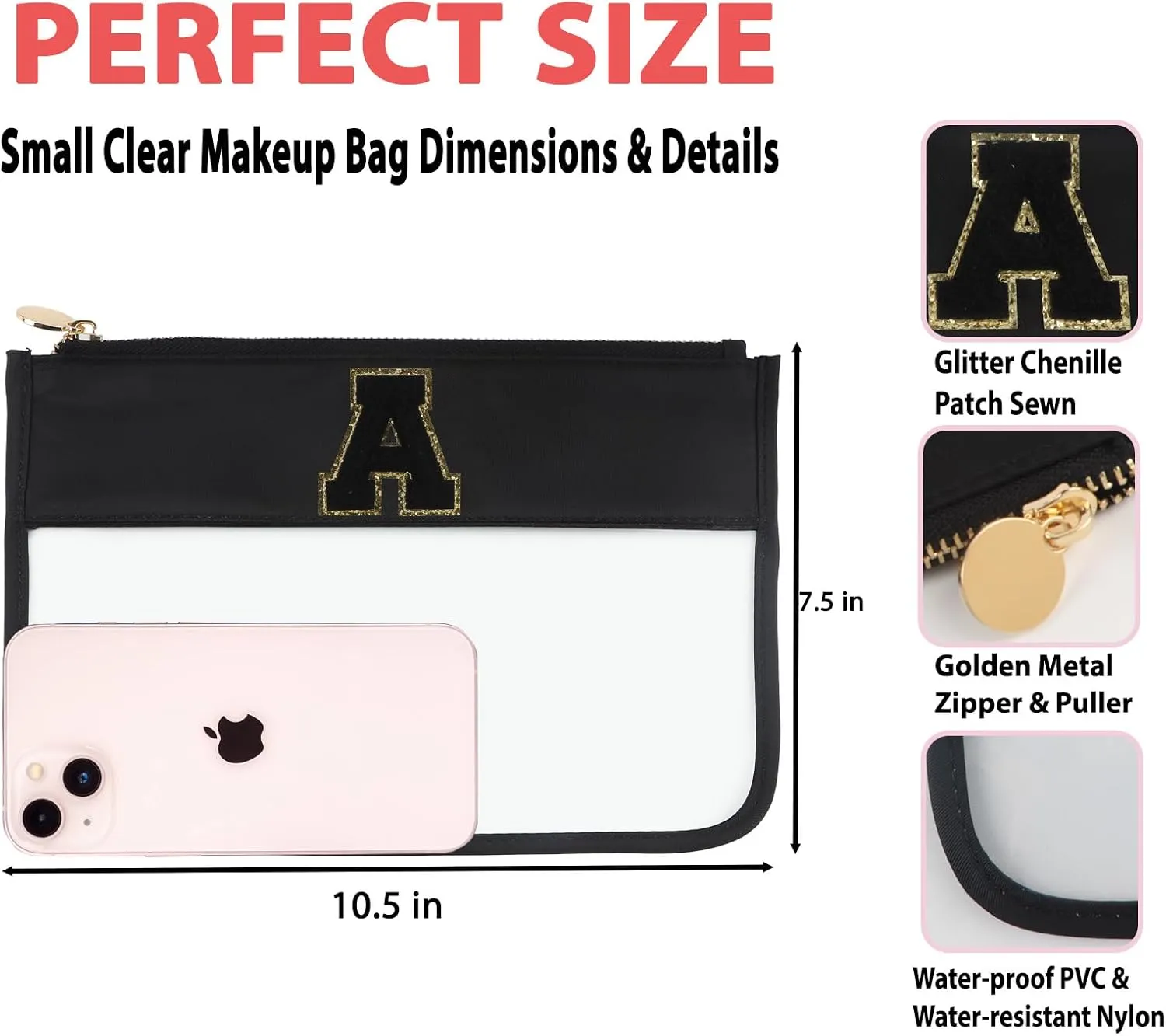 Clear Makeup Bag Set 2pcs Glitter Chenille Monogram Snacks Bag Travel Essentials Flat Zipper Pouch Cosmetic Brush Bag for Women (Black Set- A)