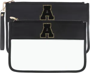 Clear Makeup Bag Set 2pcs Glitter Chenille Monogram Snacks Bag Travel Essentials Flat Zipper Pouch Cosmetic Brush Bag for Women (Black Set- A)