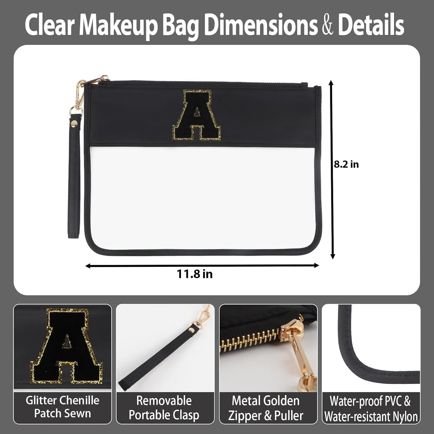 Clear Makeup Bag Set 2pcs Glitter Chenille Monogram Snacks Bag Travel Essentials Flat Zipper Pouch Cosmetic Brush Bag for Women (Black Set- A)