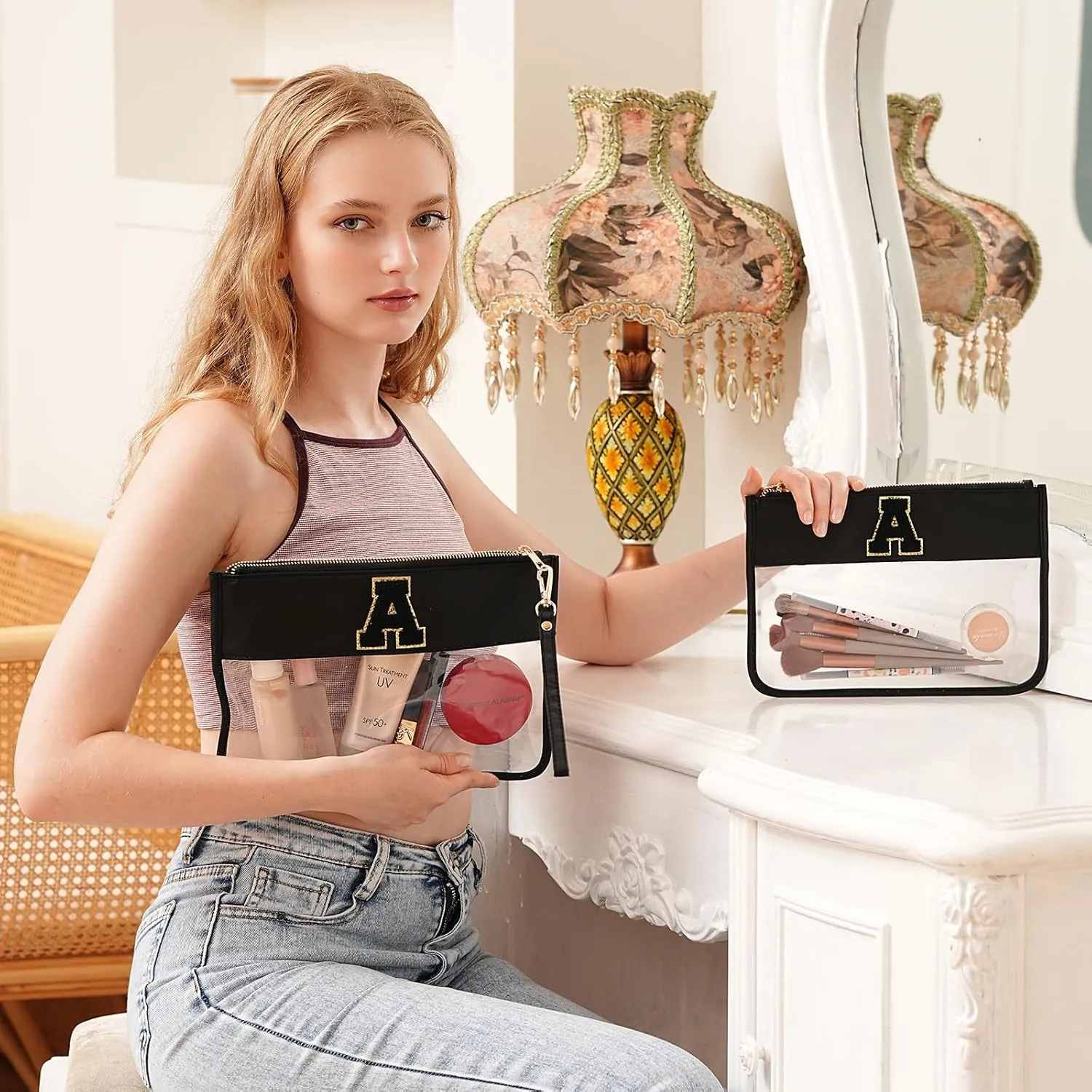 Clear Makeup Bag Set 2pcs Glitter Chenille Monogram Snacks Bag Travel Essentials Flat Zipper Pouch Cosmetic Brush Bag for Women (Black Set- A)