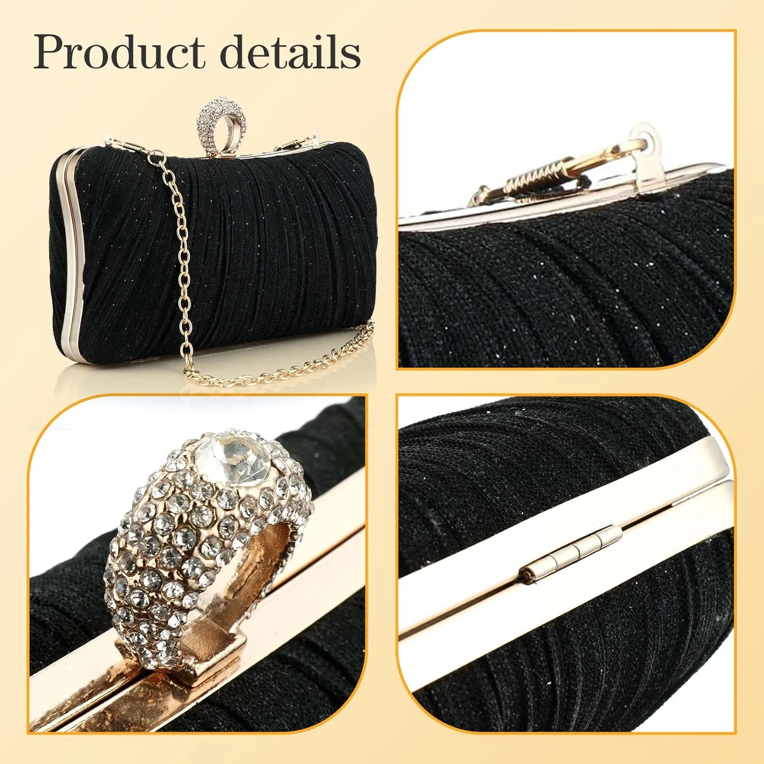 Clutch Purse for Women Pleated Glitter Evening Clutch Purses with Rhinestone Evening Bag for Bridal Wedding Party