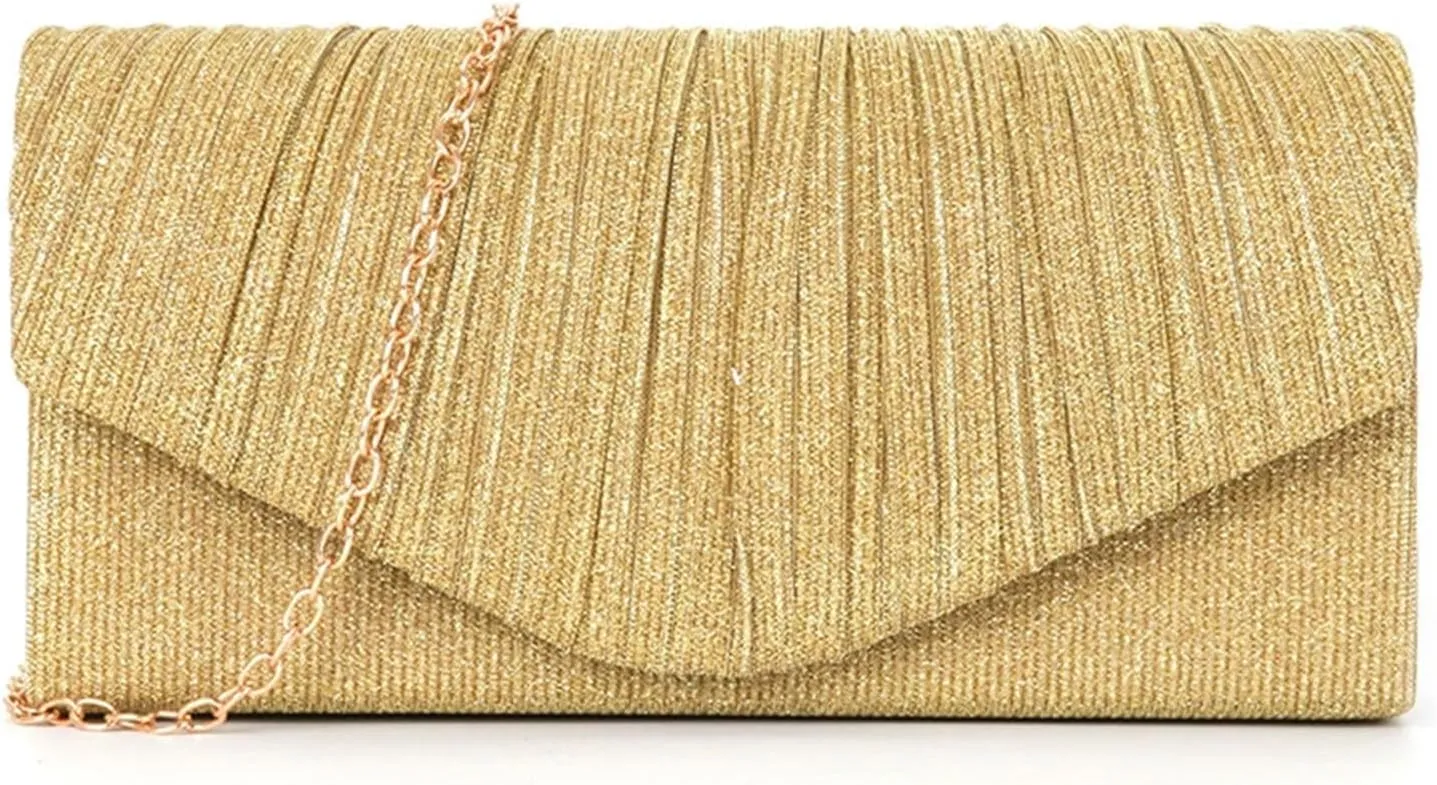Clutch Purses for Women, Glitter Evening Bag with Chain Strap, Formal Pleated Design for Wedding, Cocktail, Party