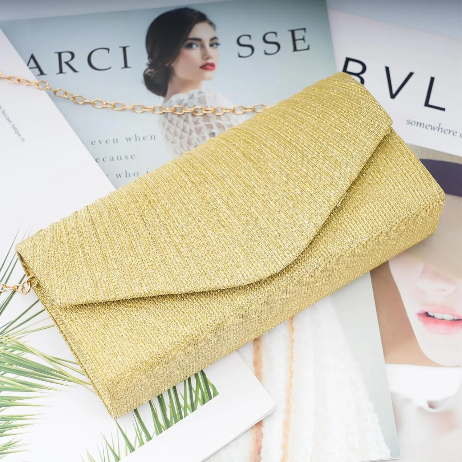 Clutch Purses for Women, Glitter Evening Bag with Chain Strap, Formal Pleated Design for Wedding, Cocktail, Party