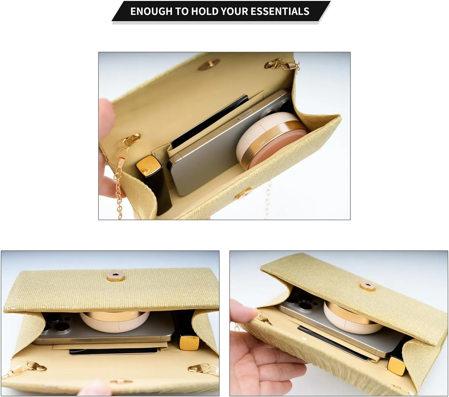 Clutch Purses for Women, Glitter Evening Bag with Chain Strap, Formal Pleated Design for Wedding, Cocktail, Party