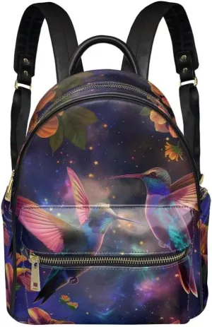 Coldinair Hummingbird Floral Women Backpack Purse Small Leather Backpack Purse for Women Galaxy Multipurpose Mini Casual Daypack Backpacks Shoulder Bag for School Travel,Waterproof
