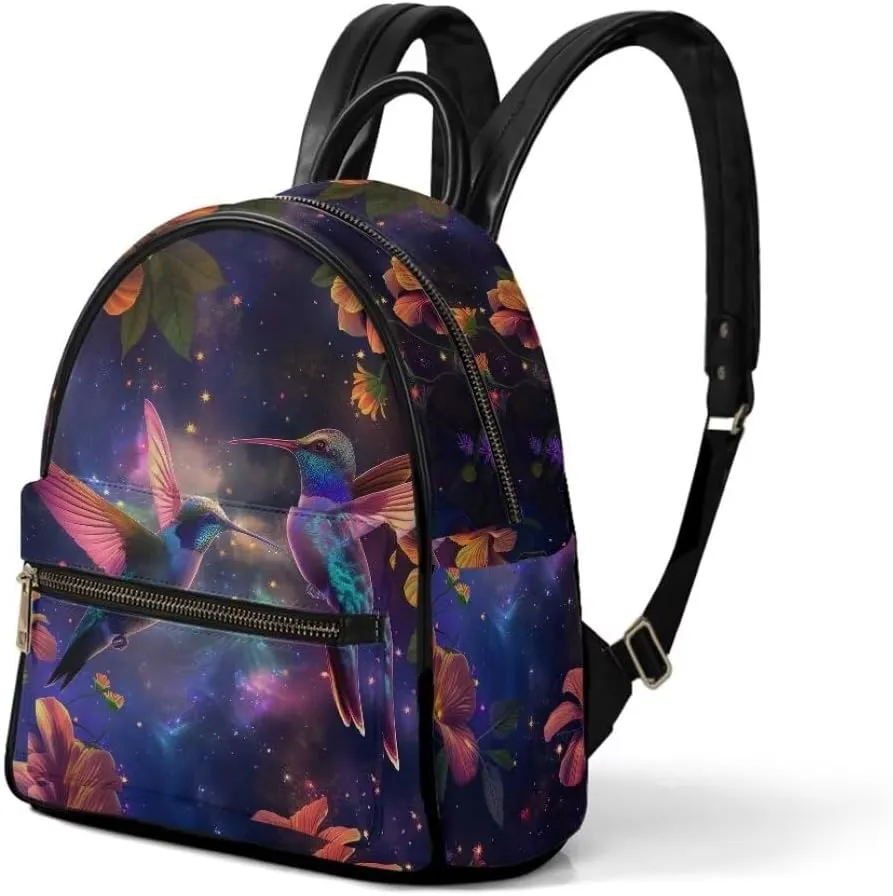 Coldinair Hummingbird Floral Women Backpack Purse Small Leather Backpack Purse for Women Galaxy Multipurpose Mini Casual Daypack Backpacks Shoulder Bag for School Travel,Waterproof