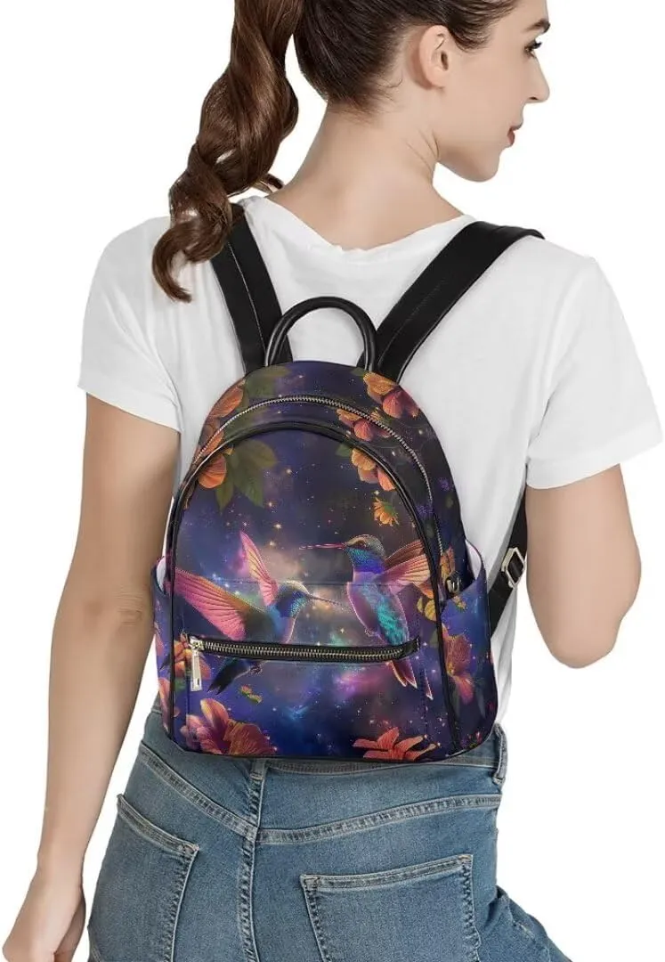 Coldinair Hummingbird Floral Women Backpack Purse Small Leather Backpack Purse for Women Galaxy Multipurpose Mini Casual Daypack Backpacks Shoulder Bag for School Travel,Waterproof