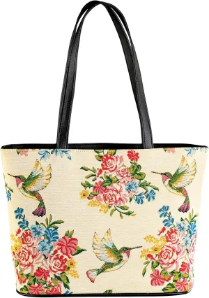 Collections Etc Hummingbird Floral Tapestry Tote Handbag