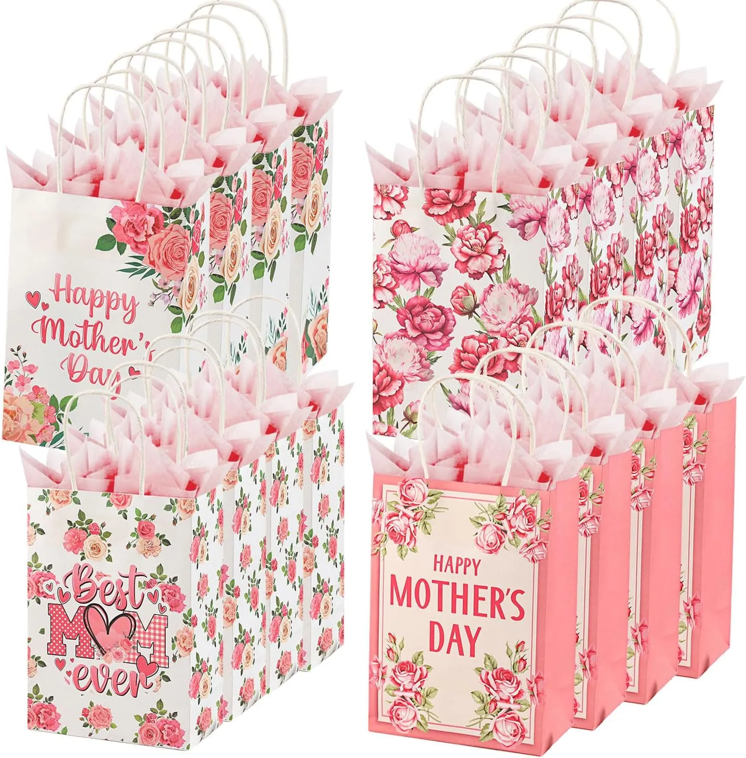 Colodeol 16 Pcs 10.8" Mother's Day Gift Bags with Tissue Paper，Medium Large Mothers Day Bag with Handles Floral Mothers Paper Treat Candy bags Bulk for Mom Grandma Wife Women