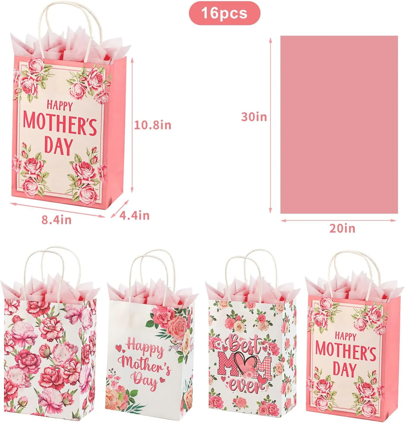 Colodeol 16 Pcs 10.8" Mother's Day Gift Bags with Tissue Paper，Medium Large Mothers Day Bag with Handles Floral Mothers Paper Treat Candy bags Bulk for Mom Grandma Wife Women