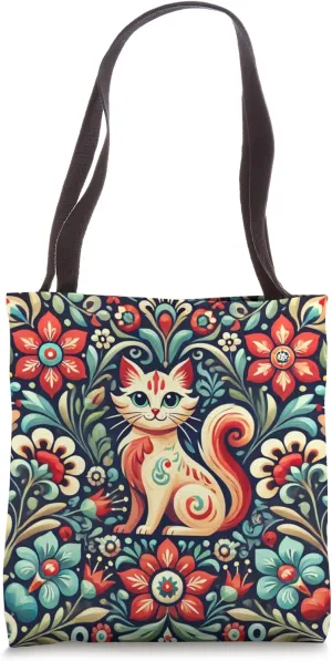 Colorful Floral Cat Polish Folk Art Kitten Pattern Tote Bag