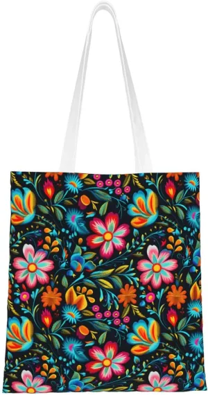 Colorful Flowers Floral Tote Bag Reusable Shoulder Tote Bag For Women Lady Vacation, Shopping, Work