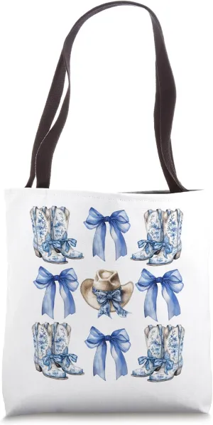 Coquette Bow Cowgirl Toile Chinoiserie Floral Cowboy Boots Tote Bag