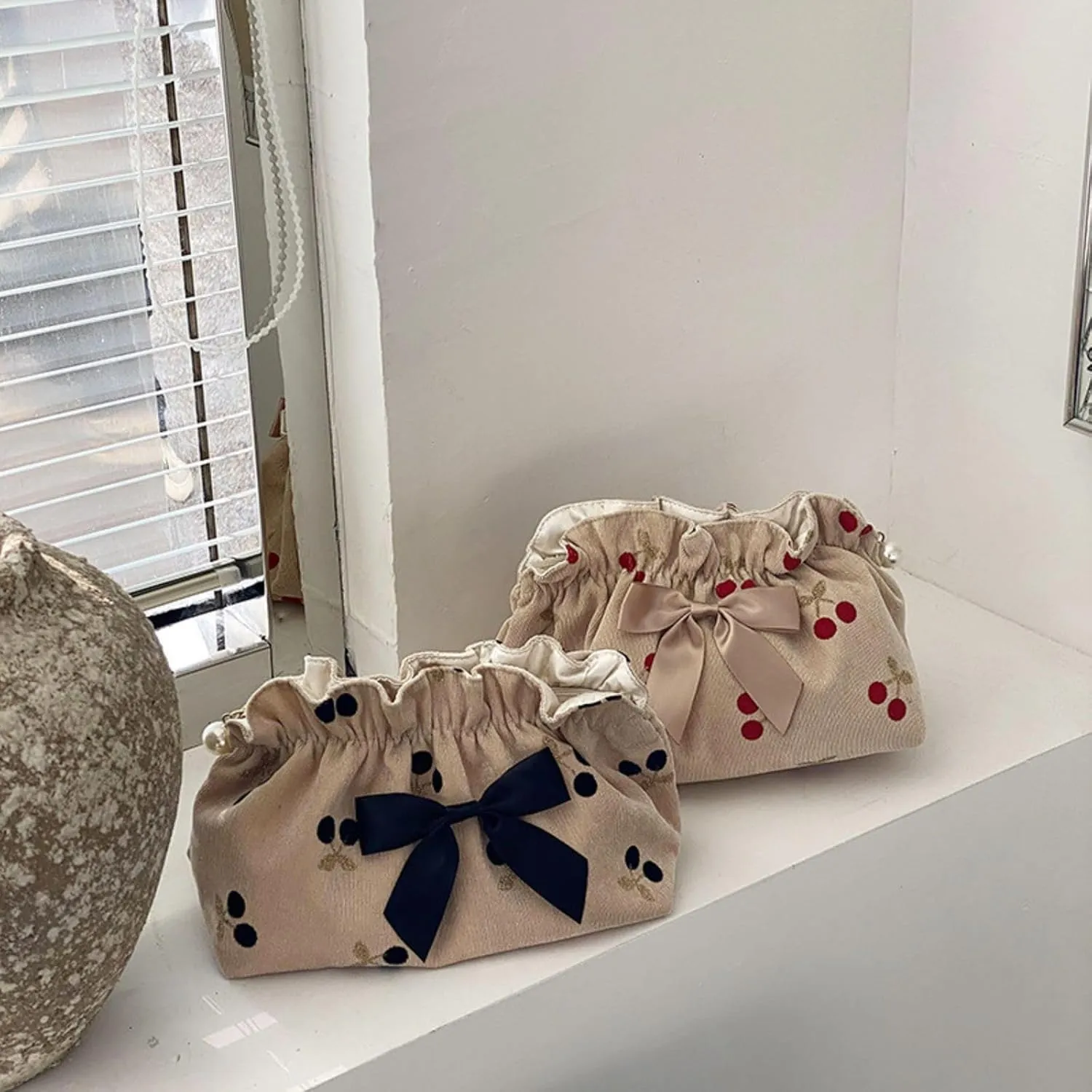Cosmetic Bag Female Large-Capacity Cosmetic Bag Travel Carrying Bag Corduroy Cherry Bow Storage Bag(style1)