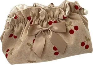 Cosmetic Bag Female Large-Capacity Cosmetic Bag Travel Carrying Bag Corduroy Cherry Bow Storage Bag(style1)