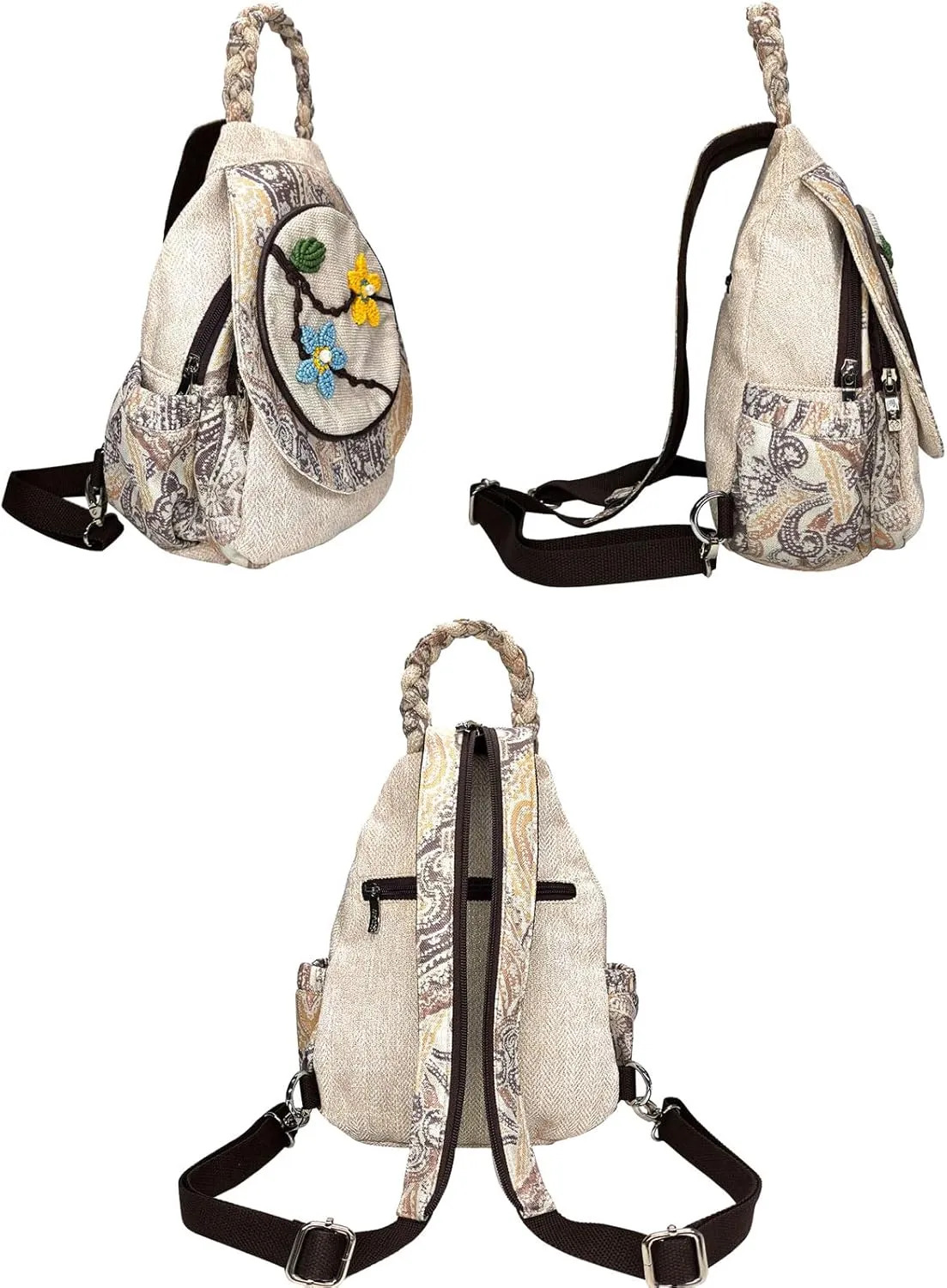 Cotton Small Backpack Purse Fashion Hand Knitting Mini Casual Chest Bag for Women(floral2)