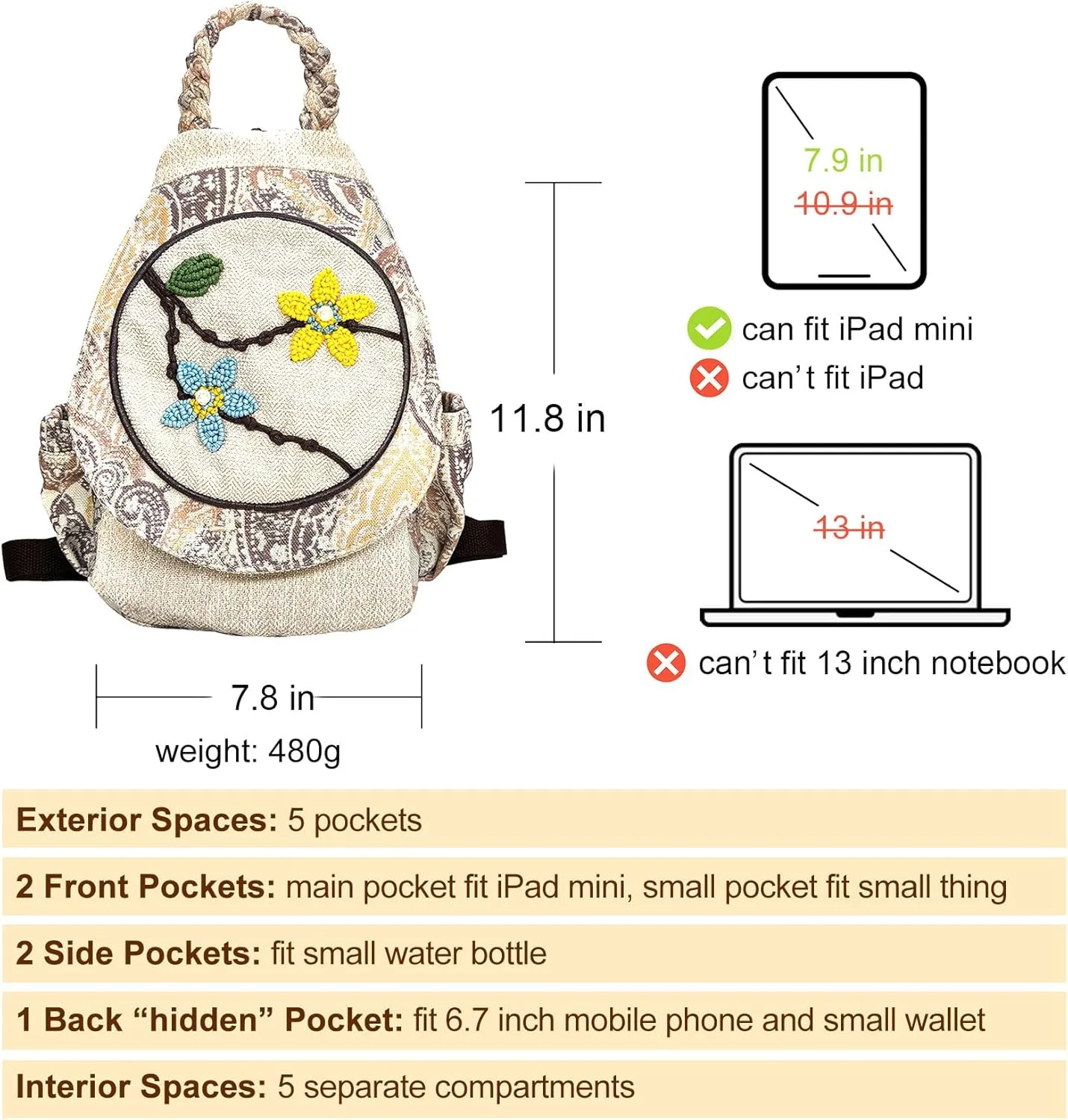 Cotton Small Backpack Purse Fashion Hand Knitting Mini Casual Chest Bag for Women(floral2)
