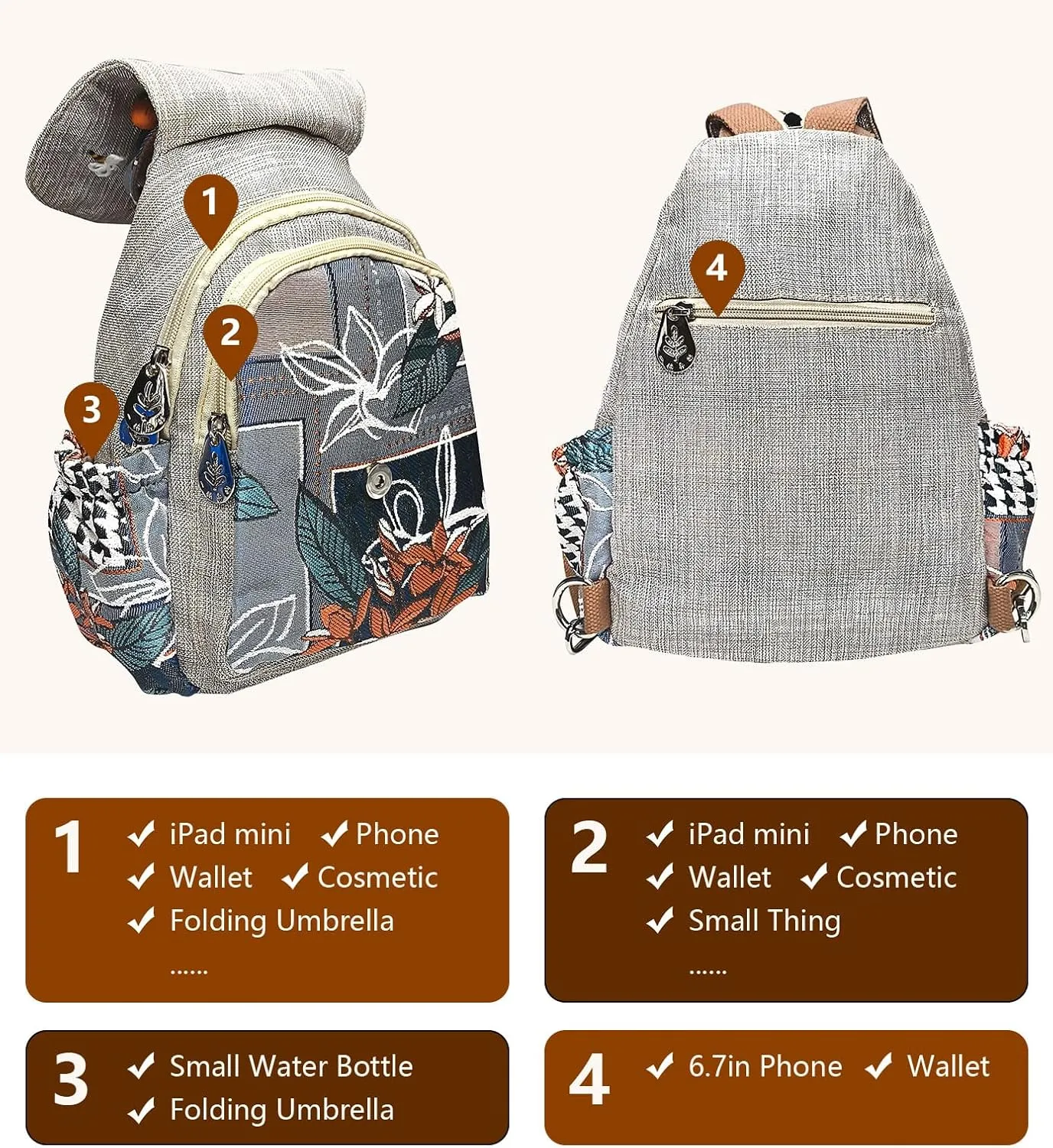 Cotton Small Backpack Purse Fashion Hand Knitting Mini Casual Chest Bag for Women(silvery/kumquat)
