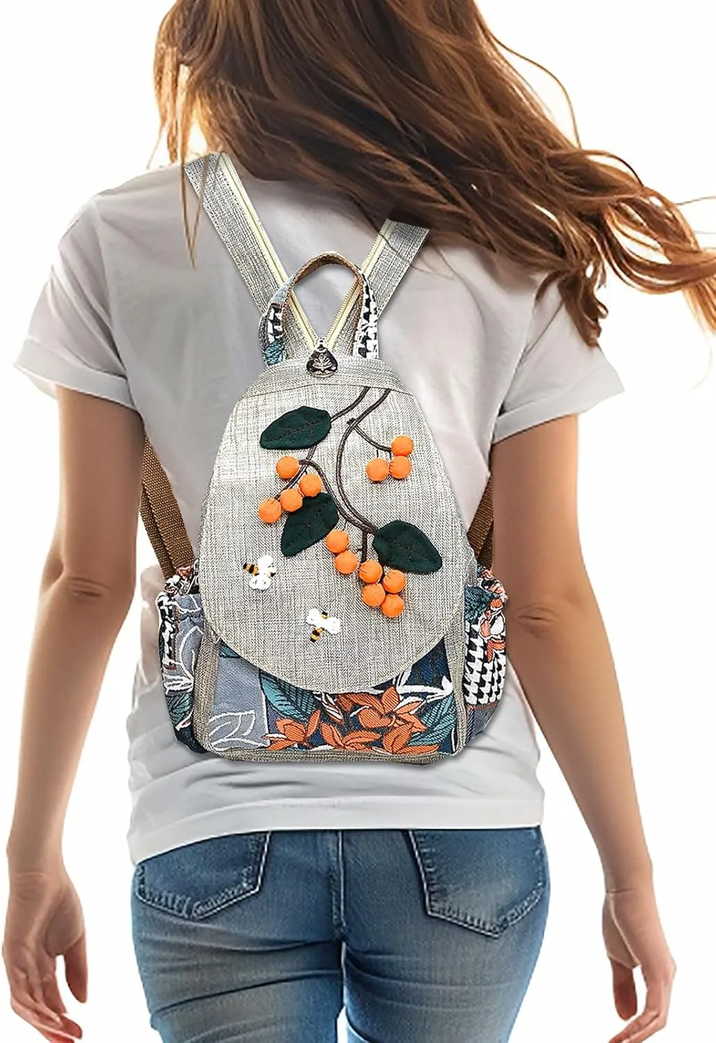 Cotton Small Backpack Purse Fashion Hand Knitting Mini Casual Chest Bag for Women(silvery/kumquat)