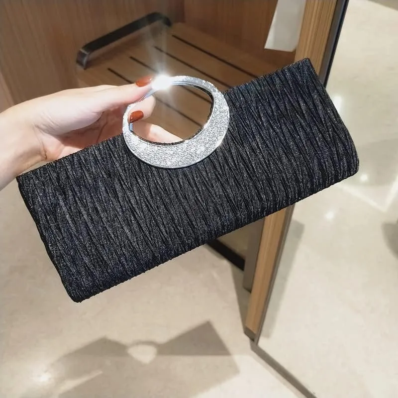 CROSSBABY Women Elegant Clutch Purse Rhinestones Pleated Wedding Clutch Handbag Formal Evening Bag Party