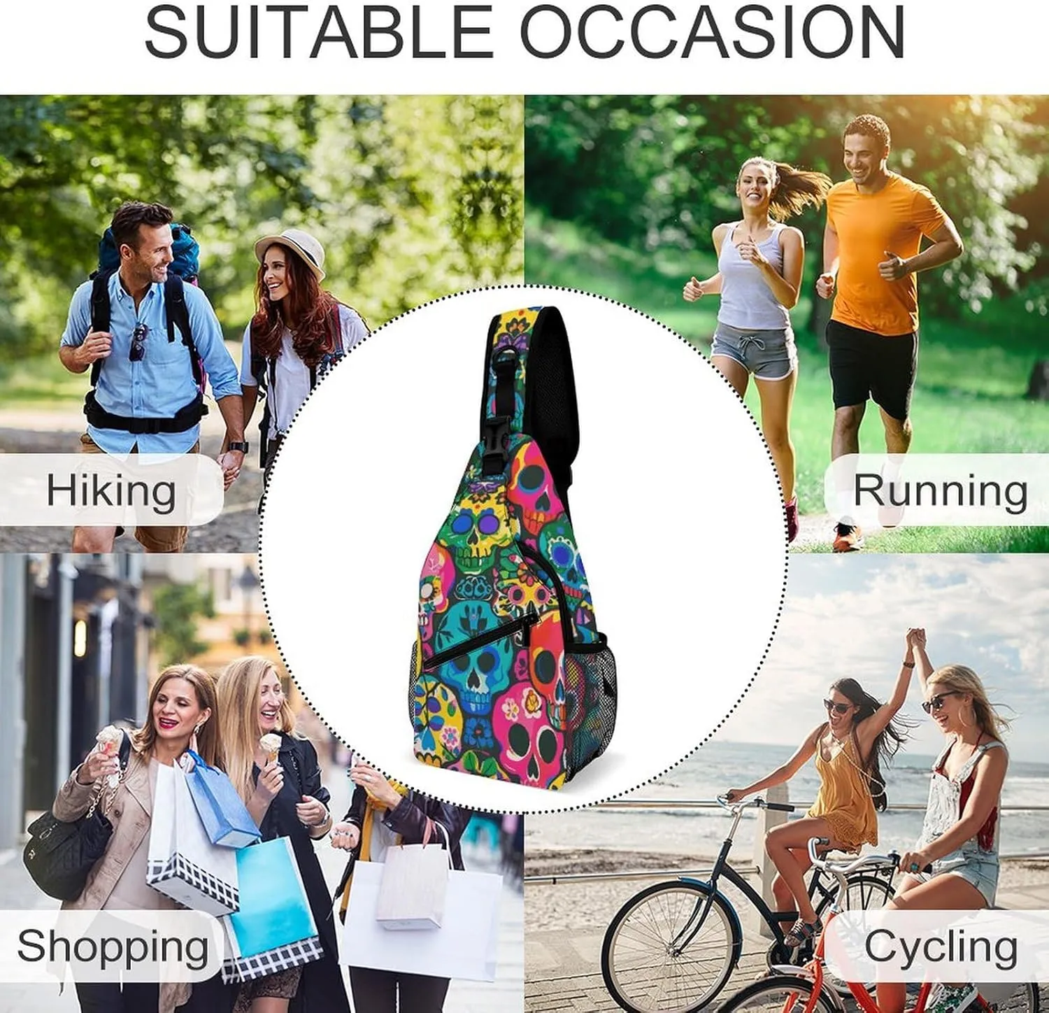 Crossbody Sling Bag Colorful Skulls Print Backpack Sling Bag Travel Hiking Chest Bag Shoulder Bag Daypack