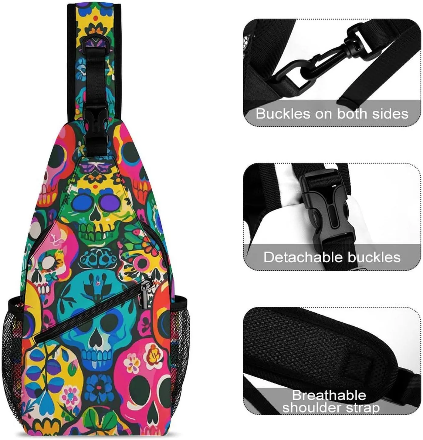 Crossbody Sling Bag Colorful Skulls Print Backpack Sling Bag Travel Hiking Chest Bag Shoulder Bag Daypack