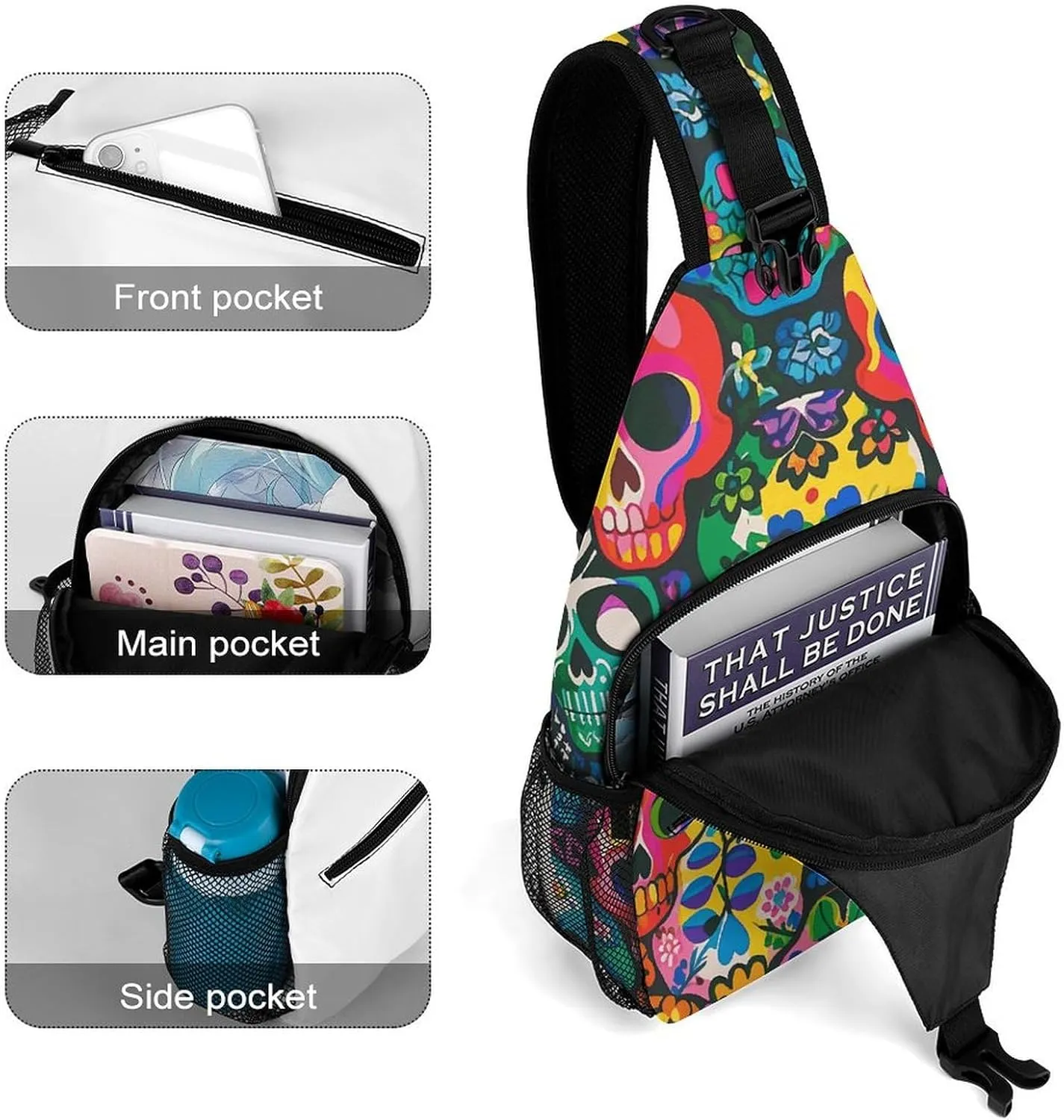 Crossbody Sling Bag Colorful Skulls Print Backpack Sling Bag Travel Hiking Chest Bag Shoulder Bag Daypack