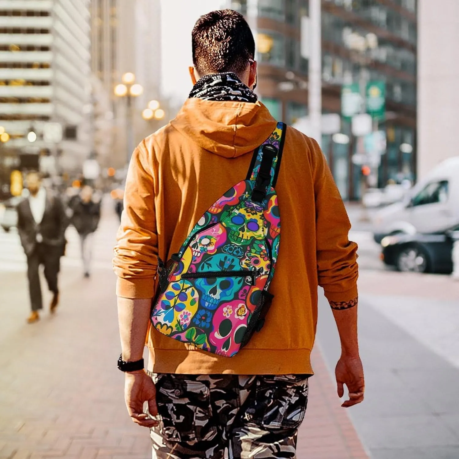Crossbody Sling Bag Colorful Skulls Print Backpack Sling Bag Travel Hiking Chest Bag Shoulder Bag Daypack