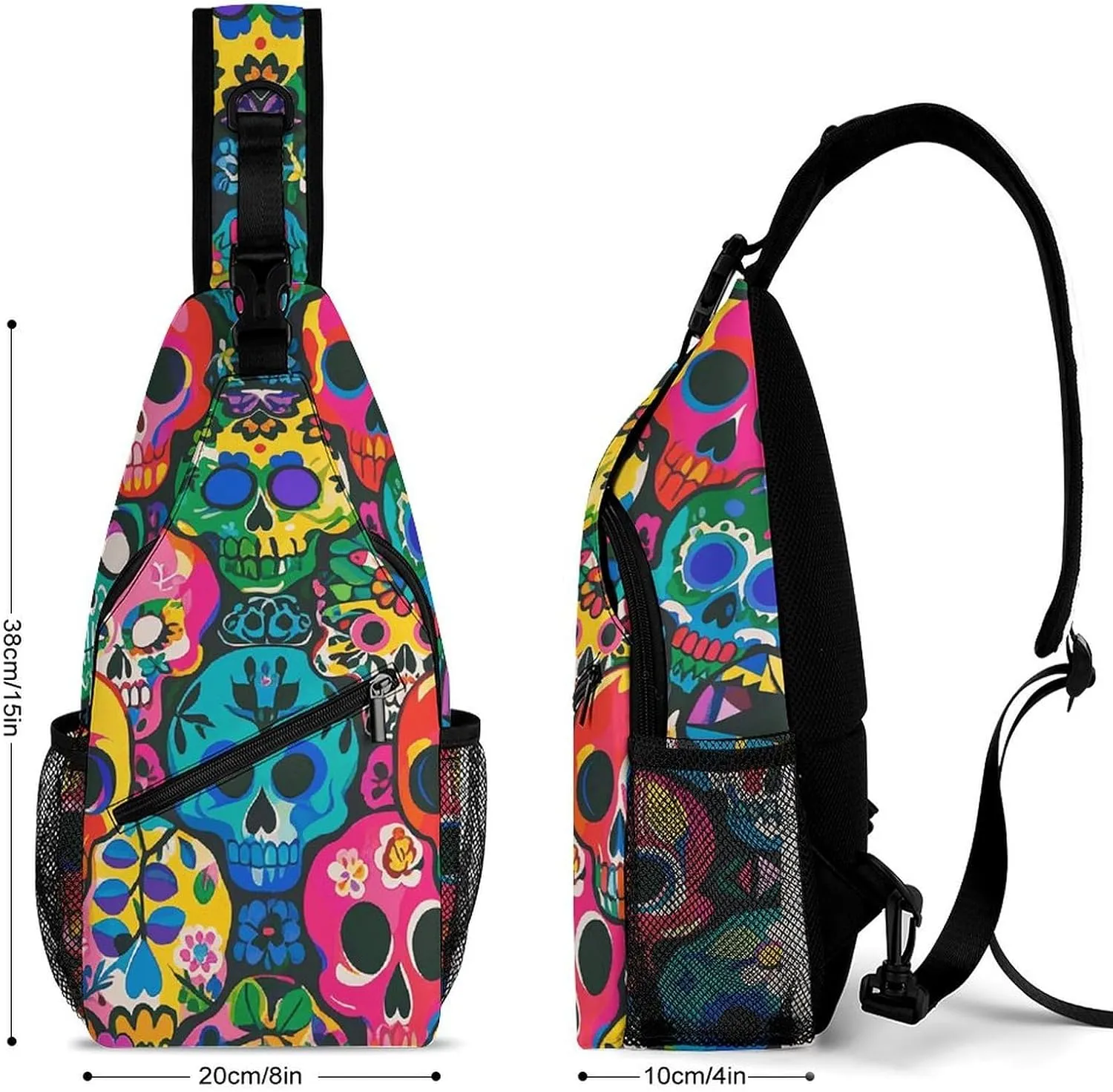 Crossbody Sling Bag Colorful Skulls Print Backpack Sling Bag Travel Hiking Chest Bag Shoulder Bag Daypack