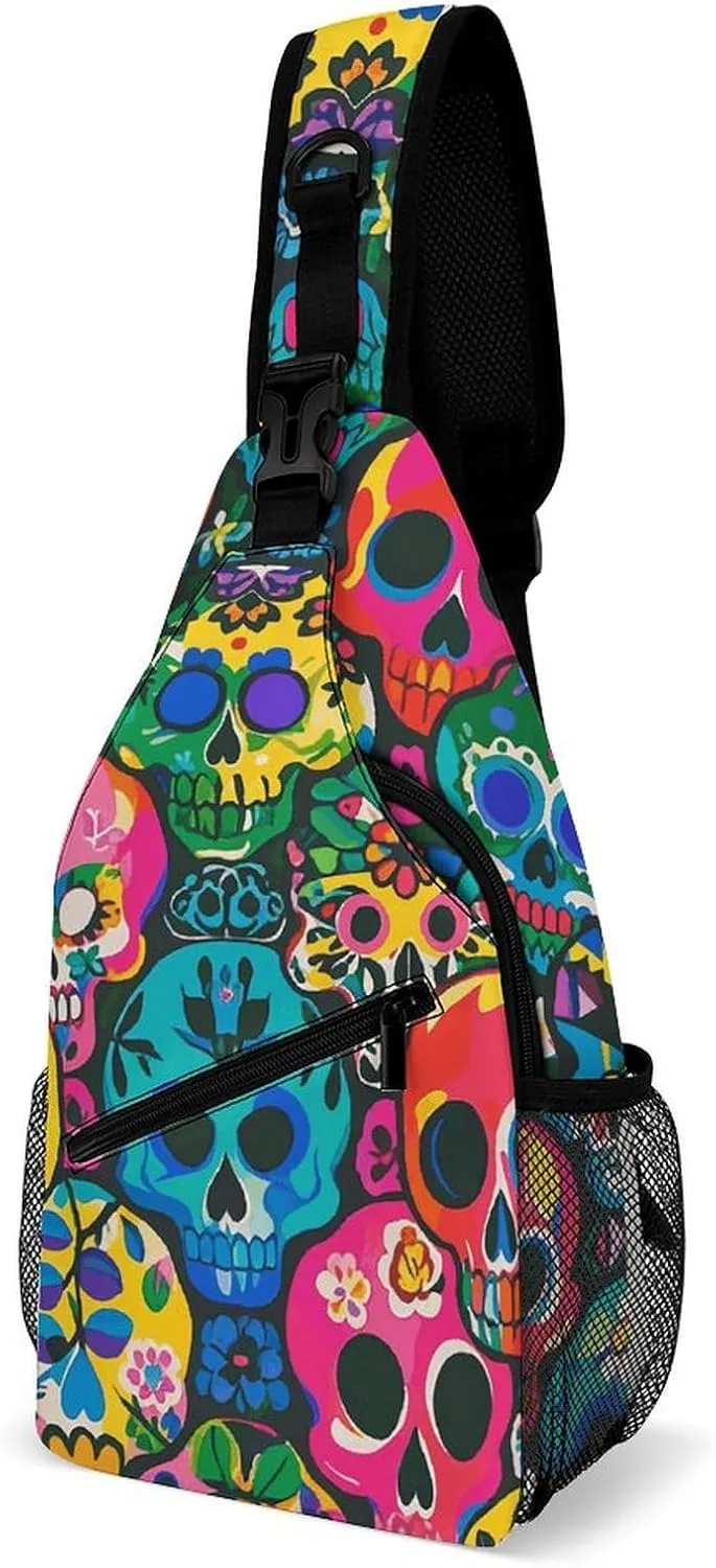 Crossbody Sling Bag Colorful Skulls Print Backpack Sling Bag Travel Hiking Chest Bag Shoulder Bag Daypack