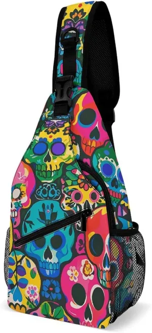 Crossbody Sling Bag Colorful Skulls Print Backpack Sling Bag Travel Hiking Chest Bag Shoulder Bag Daypack