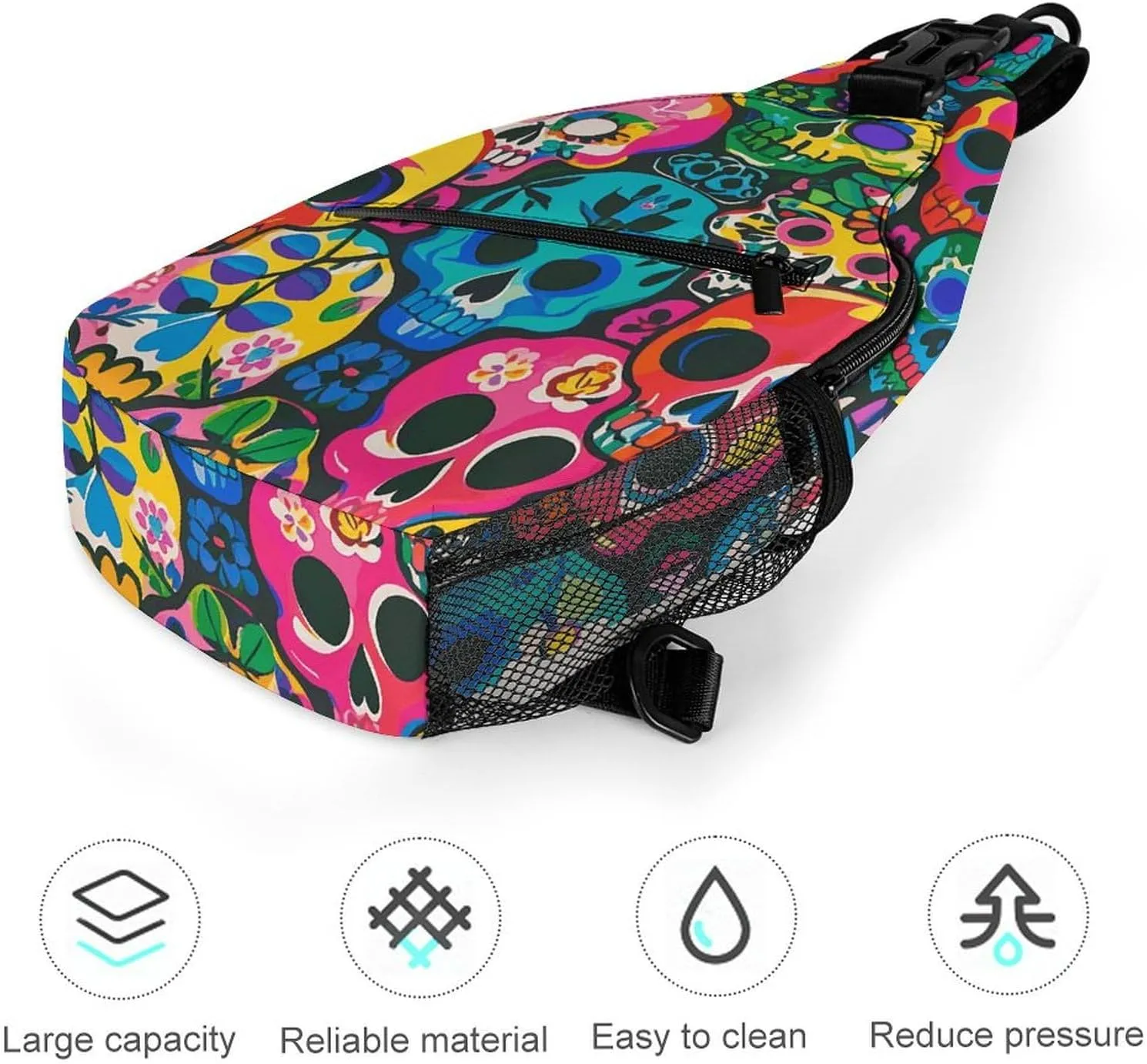 Crossbody Sling Bag Colorful Skulls Print Backpack Sling Bag Travel Hiking Chest Bag Shoulder Bag Daypack