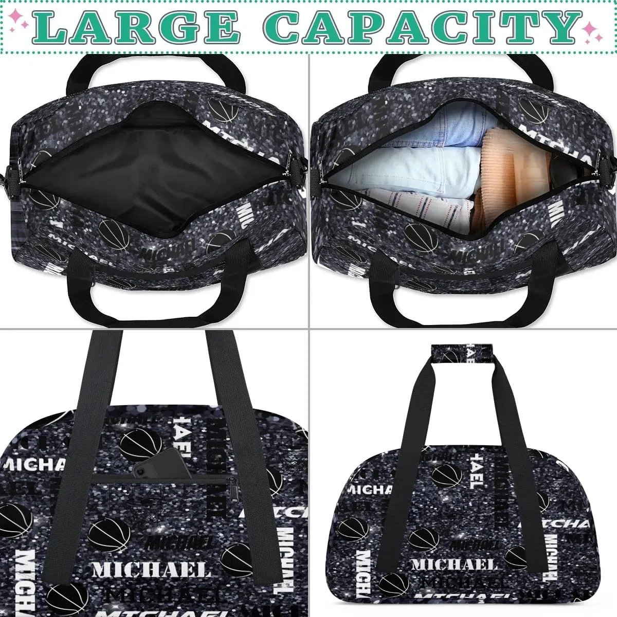 Custom Basketball Gym Duffel Bag for Women Men, Personalized Name Sport Bag Overnight Bags Customized Travel Weekender Bag, Dark Glitter