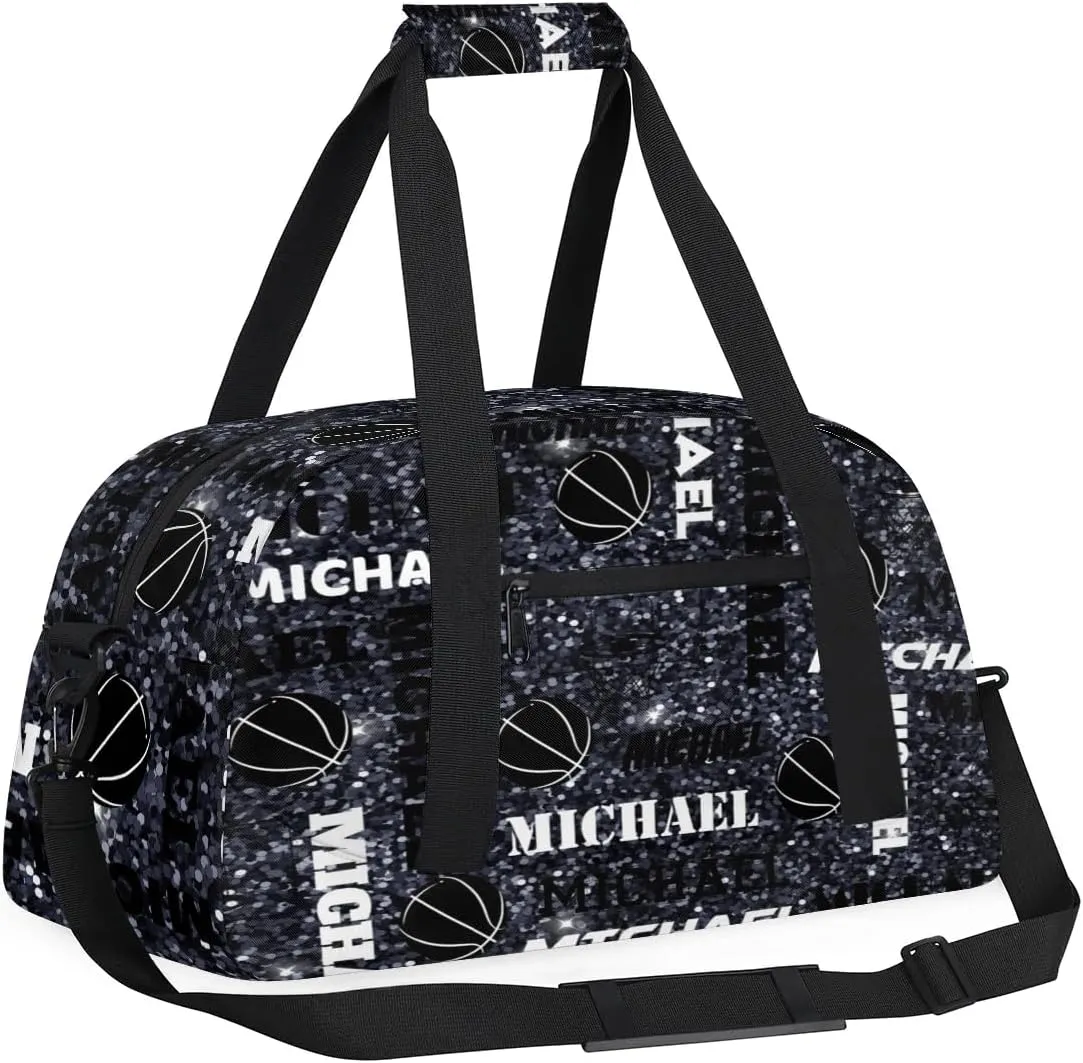 Custom Basketball Gym Duffel Bag for Women Men, Personalized Name Sport Bag Overnight Bags Customized Travel Weekender Bag, Dark Glitter