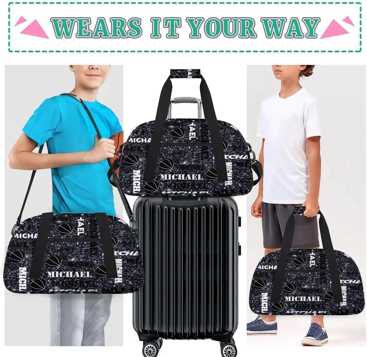 Custom Basketball Gym Duffel Bag for Women Men, Personalized Name Sport Bag Overnight Bags Customized Travel Weekender Bag, Dark Glitter