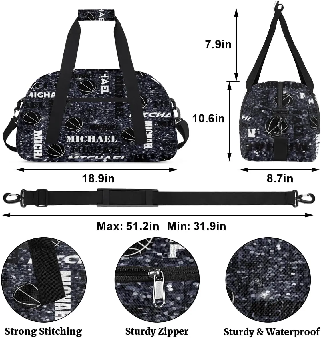 Custom Basketball Gym Duffel Bag for Women Men, Personalized Name Sport Bag Overnight Bags Customized Travel Weekender Bag, Dark Glitter