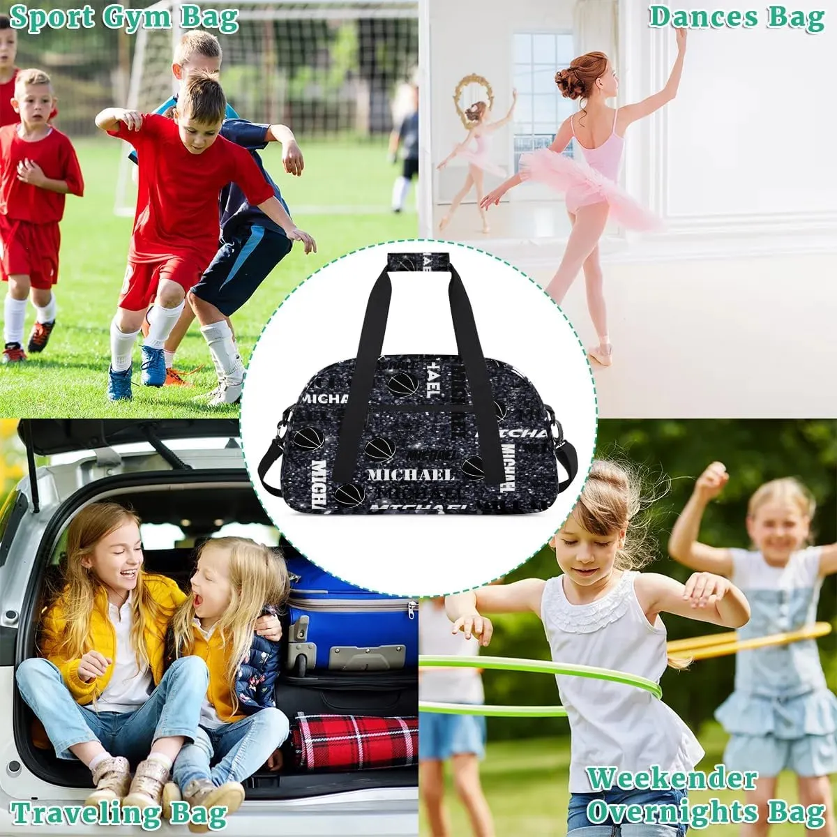 Custom Basketball Gym Duffel Bag for Women Men, Personalized Name Sport Bag Overnight Bags Customized Travel Weekender Bag, Dark Glitter