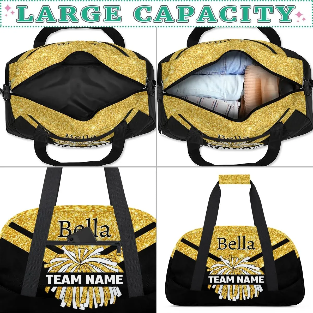 Custom Cheer Sport Bag Gym Duffel Bags Personalized Cheerleadr Bag with Team Name, Customize Travel Duffle Bags, Overnight Weekender Bag Cheerleading Gifts, Gold Glitter Sparkle Bling