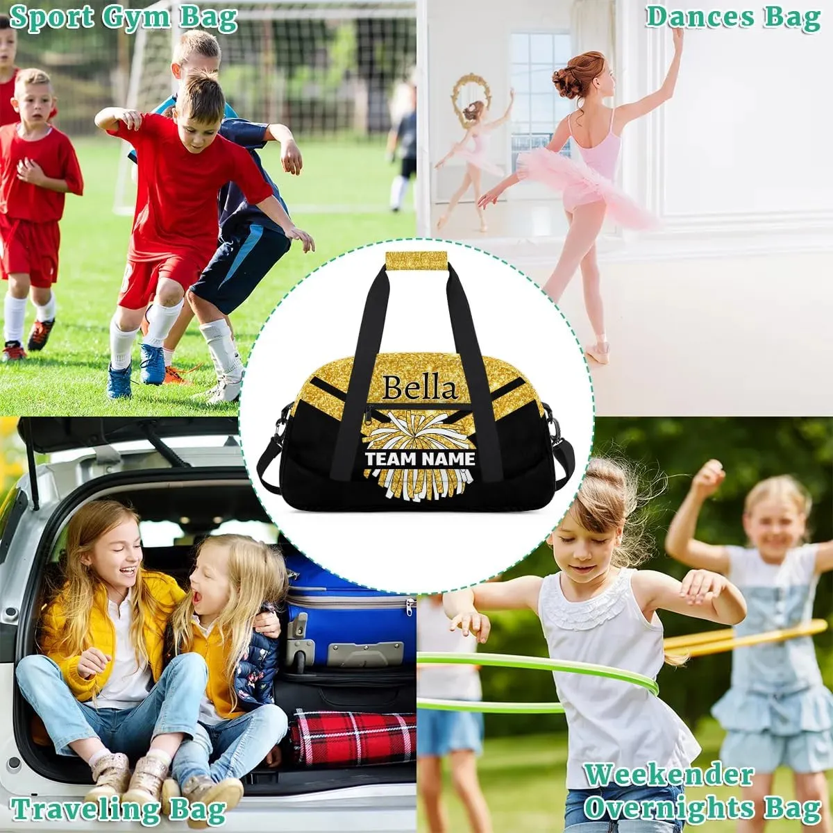 Custom Cheer Sport Bag Gym Duffel Bags Personalized Cheerleadr Bag with Team Name, Customize Travel Duffle Bags, Overnight Weekender Bag Cheerleading Gifts, Gold Glitter Sparkle Bling